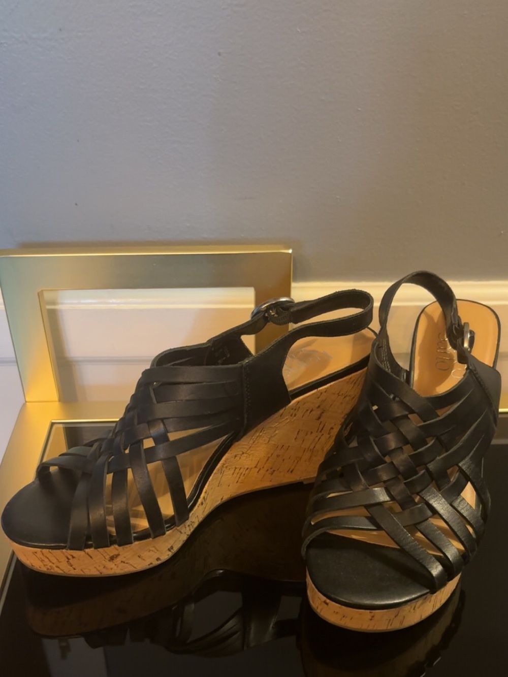 FRANCO SARTO NICOLA Leather Black Woven Cork Wedge Sandals SIZE 8M